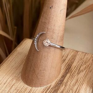 Crescent Moon Stainless Steel High polished Champagne CZ Ring Sizes 7,8